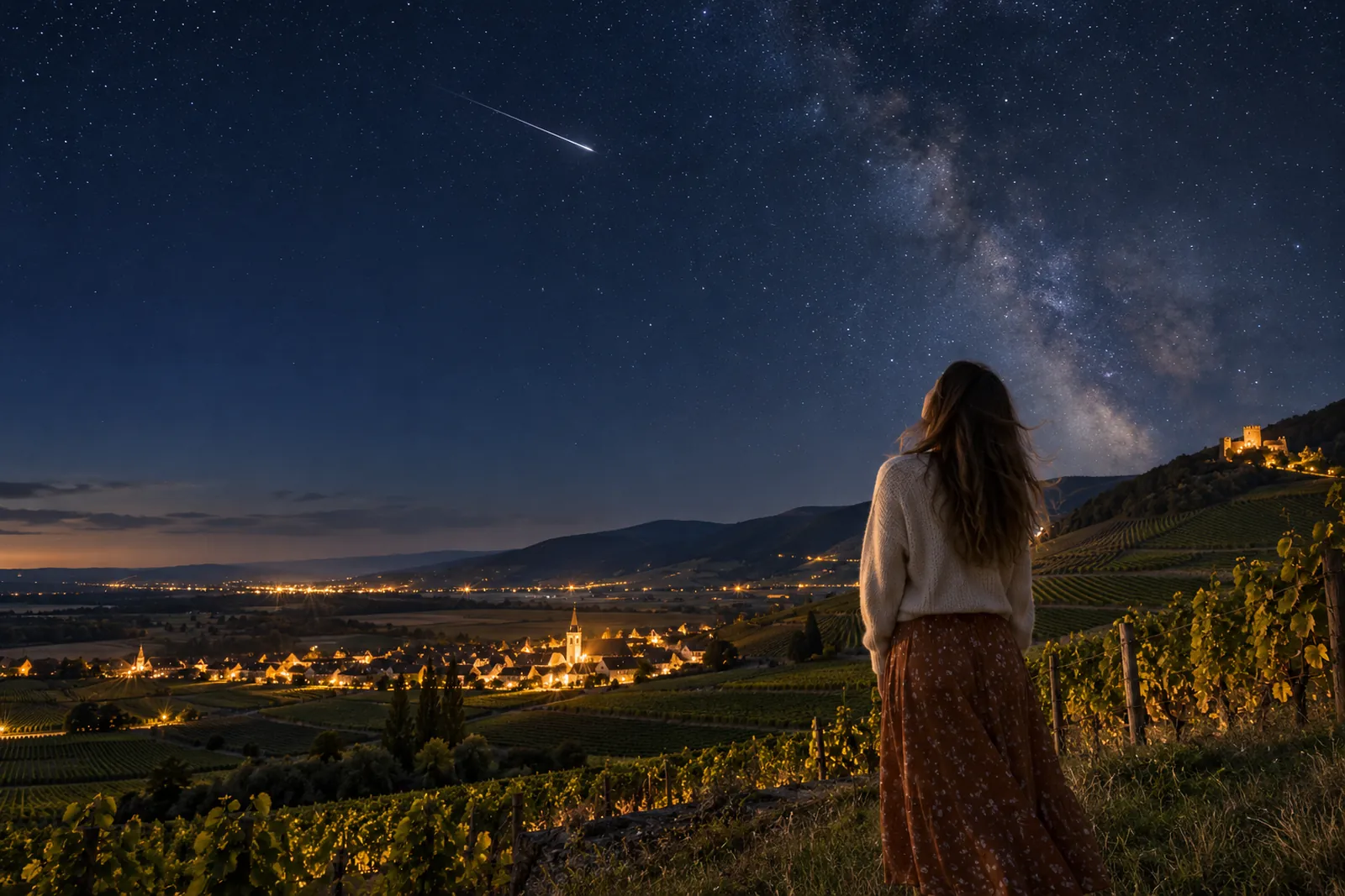 Une jeune femme fait un vœu devant une étoile filante, au-dessus des vignes d’Alsace la nuit