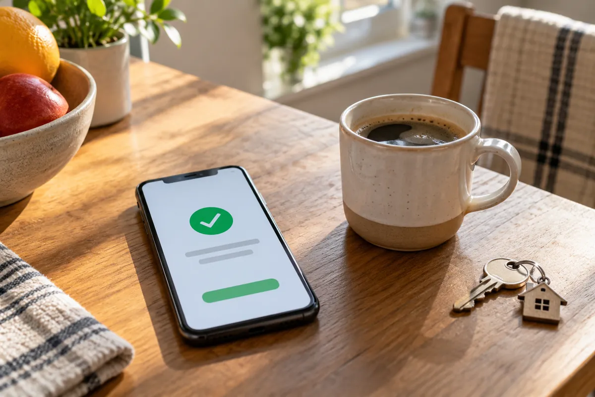 Un smartphone affiche la confirmation d’un virement, à côté d’une tasse de café et d’une clé